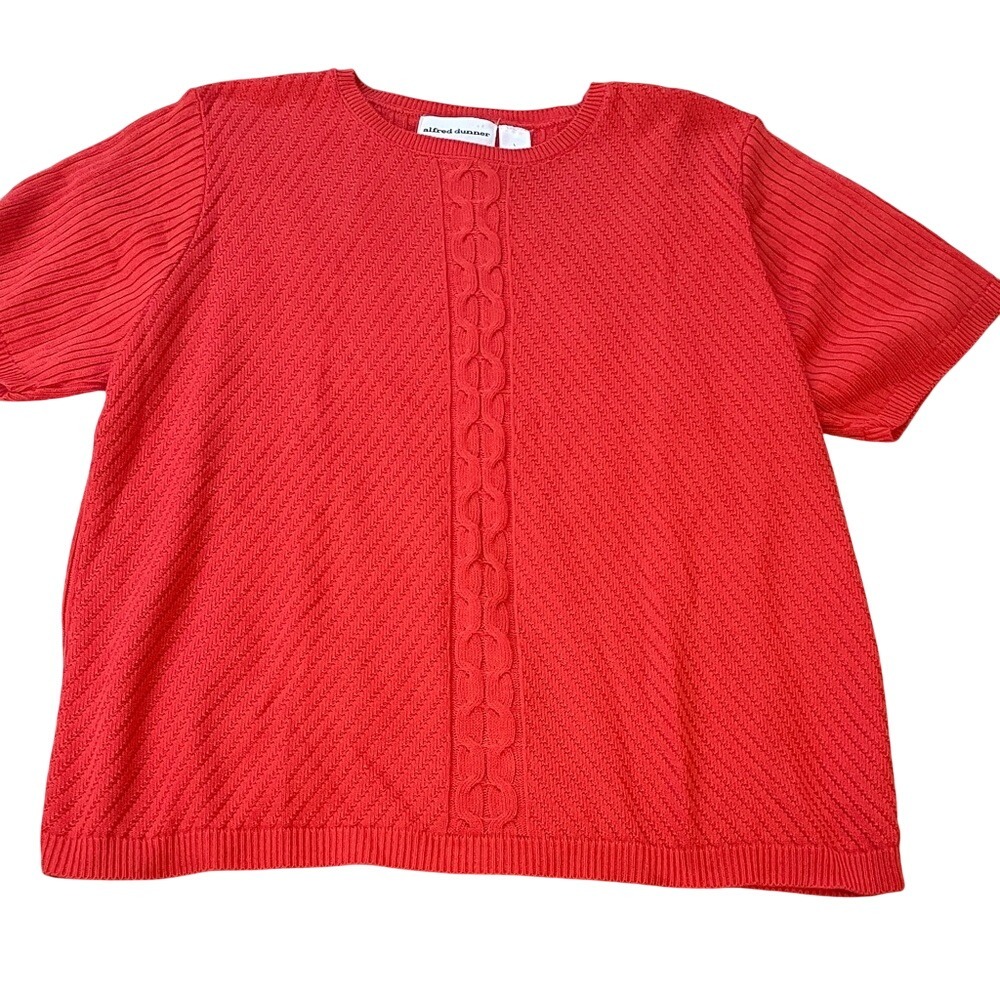 Alfred Dunner Red Short Sleeve Cable Knit Textured Crew Neck Sweater Large